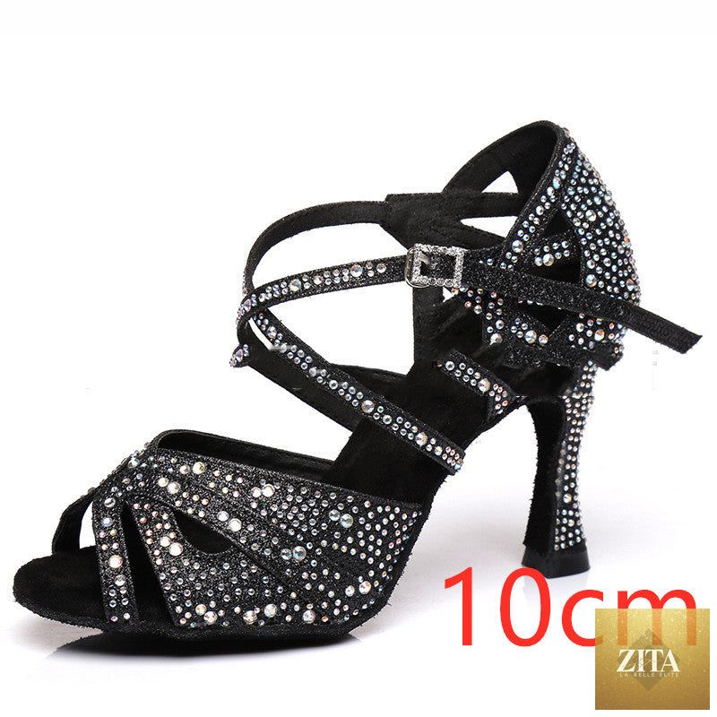 Silver high-heeled Latin dance shoes by LadyShow.Store, featuring sleek design and sturdy heels for performance and elegance.