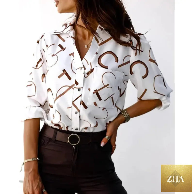 Women’s printed long-sleeve lapel shirt by FitiqueFit featuring casual elegant blouse style and stylish print design.