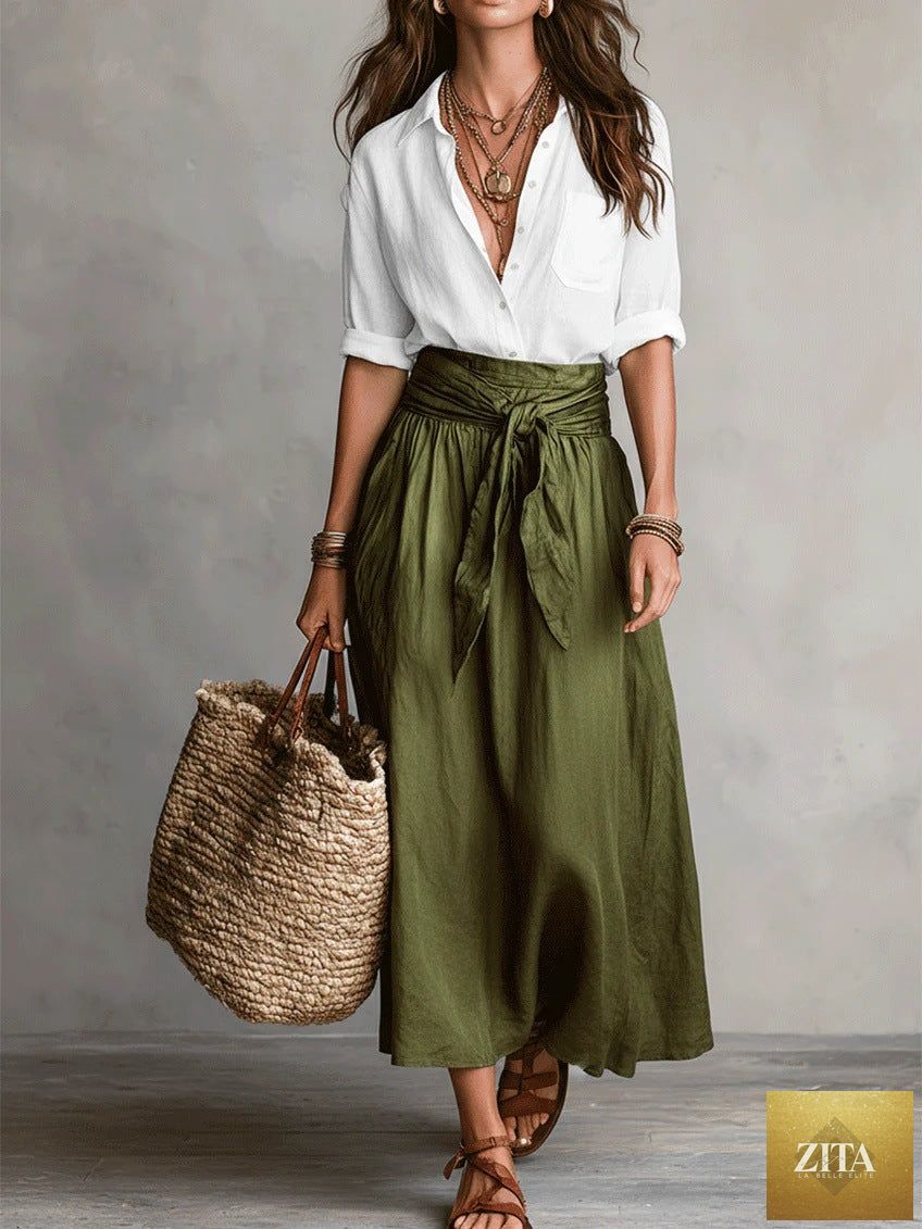 FitiqueFit button-down shirt and straight skirt two-piece set, featuring a stylish collar and classic fit, displayed on a hanger.