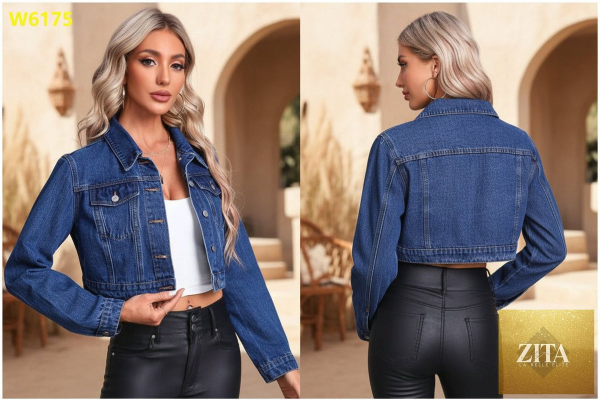 Women's long sleeve denim jacket by FitiqueFit with flip collar, stylish streetwear jean jacket, casual and versatile outerwear.