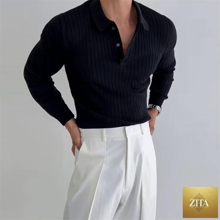 Mandotos men's long sleeve slim fit polo shirt with lapel collar and button details, shown on a model.