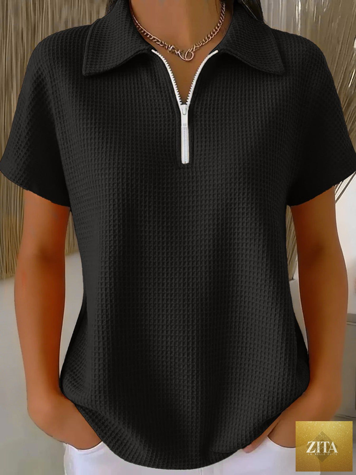 Zita La Belle Elite drop shoulder waffle knit top with half-zip and 3/4 sleeves, casual and cozy pullover for women.