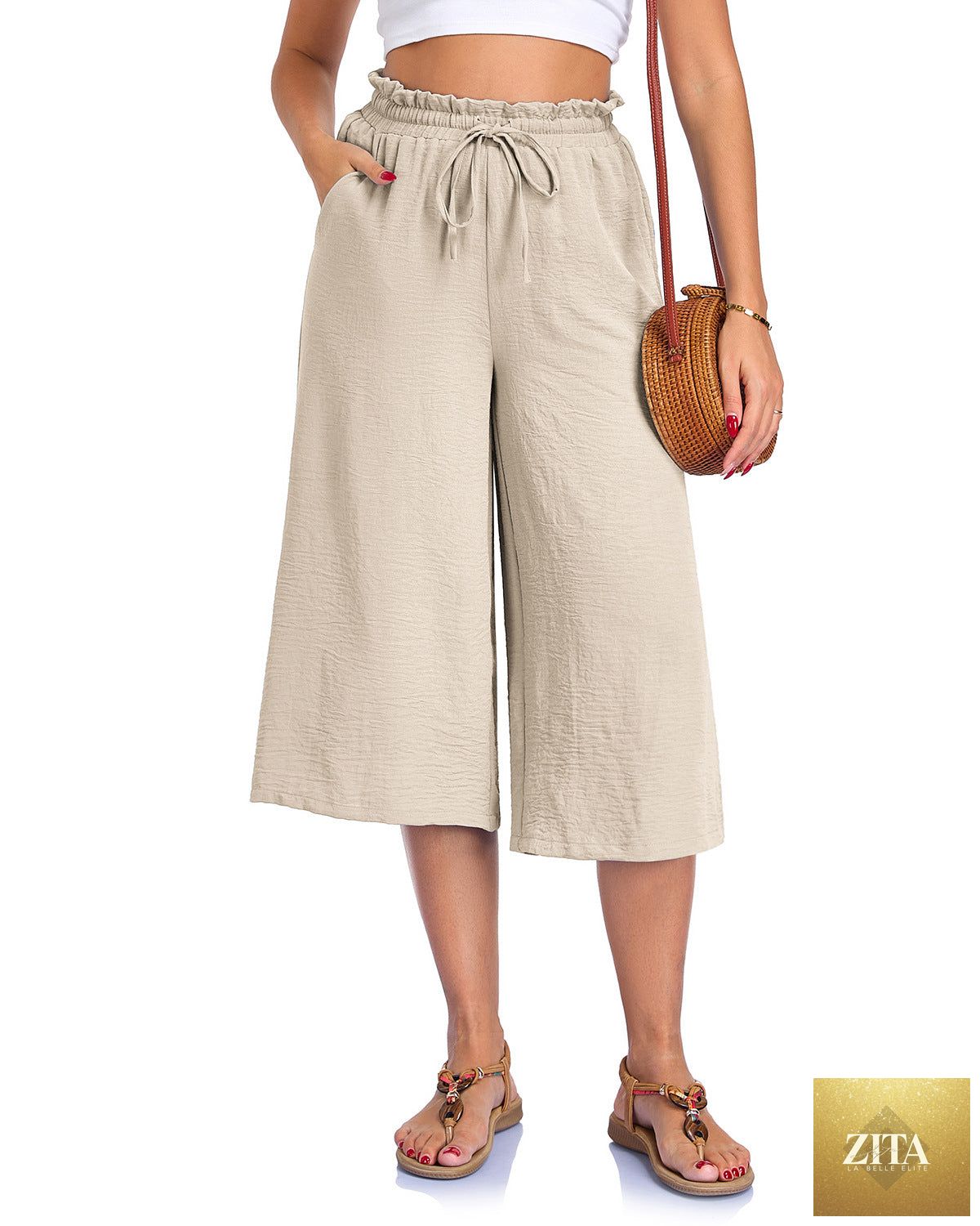 Women’s elastic cropped wide-leg pants by Zita La Belle Elite, casualwear, featuring a relaxed fit and comfortable high-rise design.