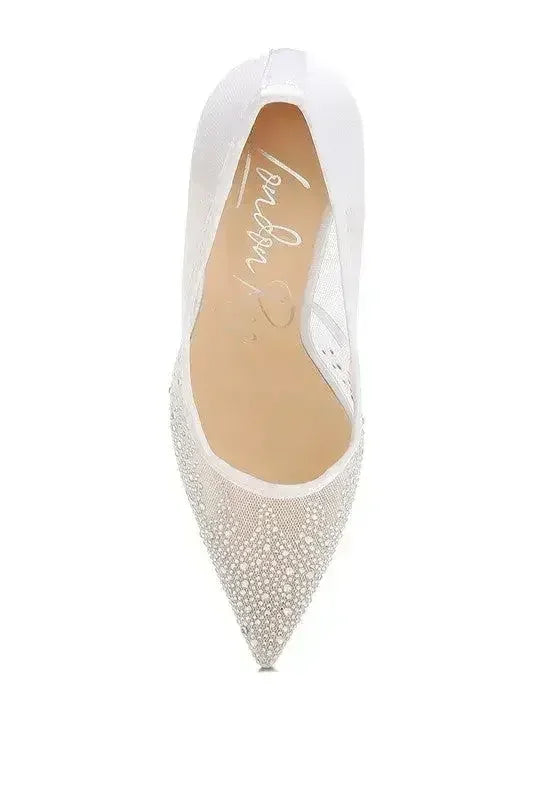 Femstylo high ball mesh rhinestone stiletto pumps with pointed toe and elegant design, showcasing sparkling rhinestones and sleek heels.