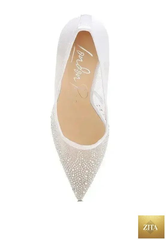 Zita La Belle Elite high ball mesh rhinestone stiletto pumps with pointed toes and sparkling embellishments.