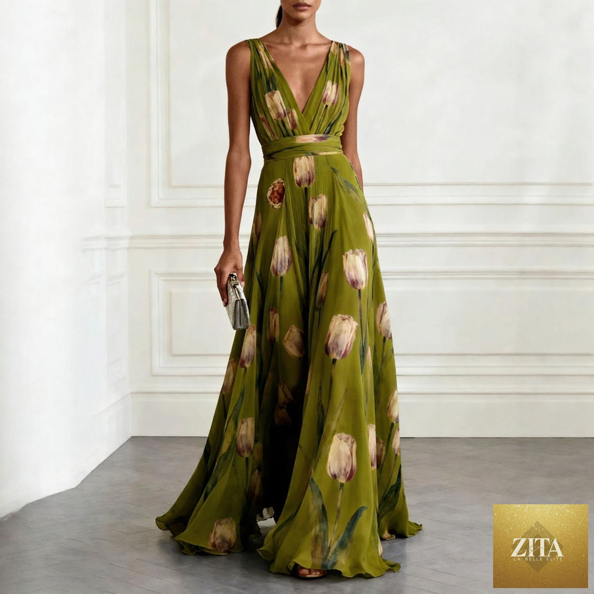 Women's tulip print sleeveless V-neck A-line maxi dress by FitiqueFit, shown in a vibrant floral pattern.