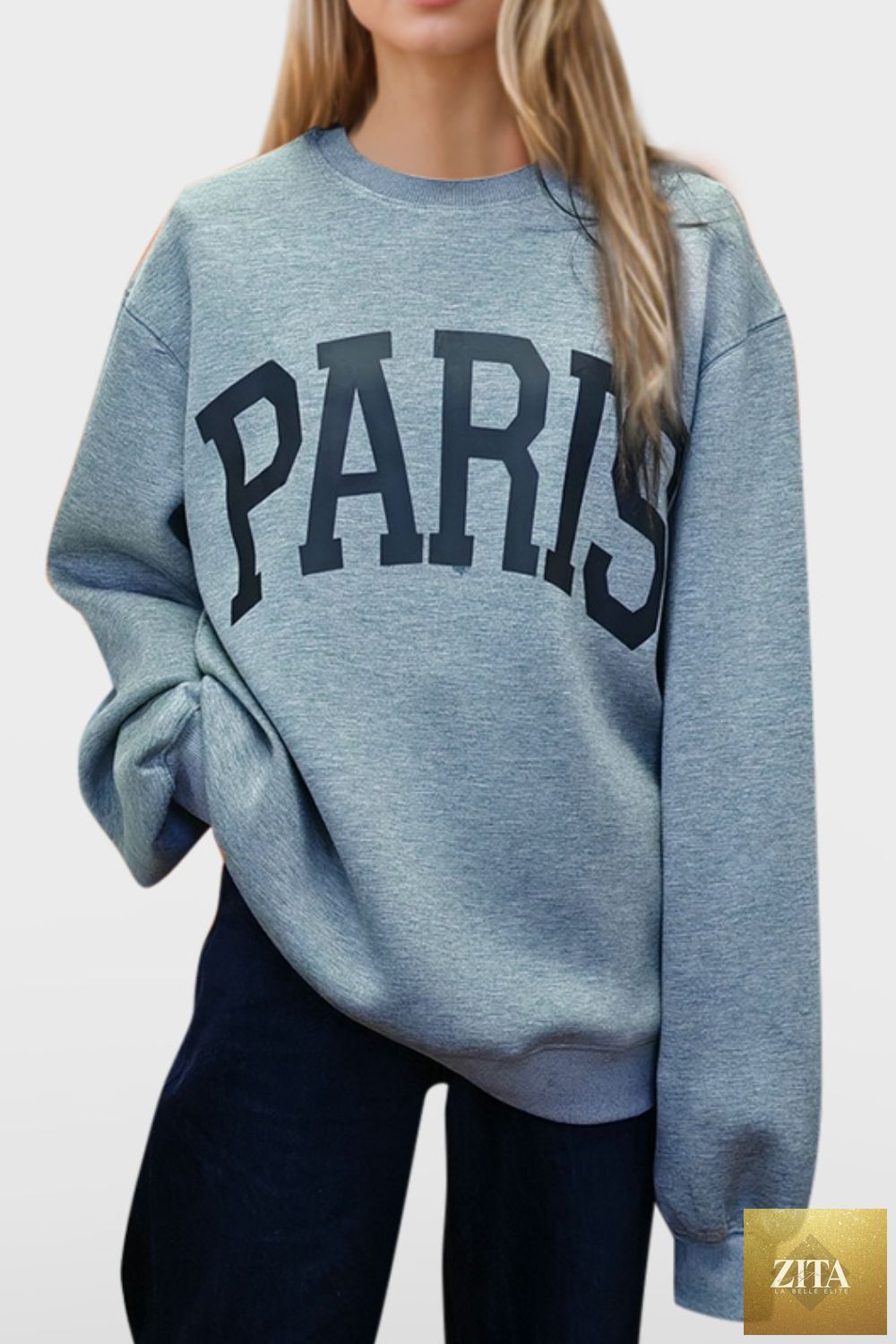 ShopBasicbae Basic Bae PARIS round neck long sleeve air scuba sweatshirt, gray color, soft fabric, casual top for women.