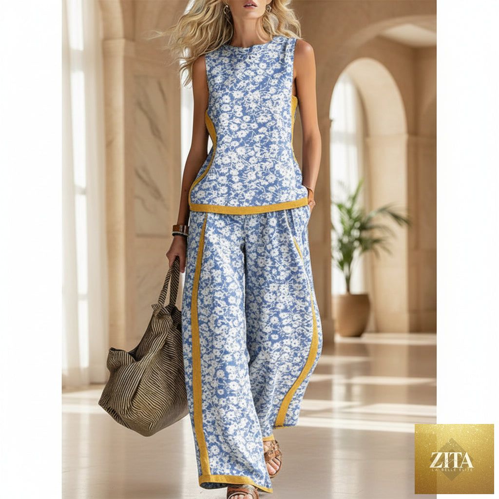 Printed retro sleeveless top and wide-leg pants set by MERIDGE, featuring vibrant 12 print designs in sizes S to 5XL.