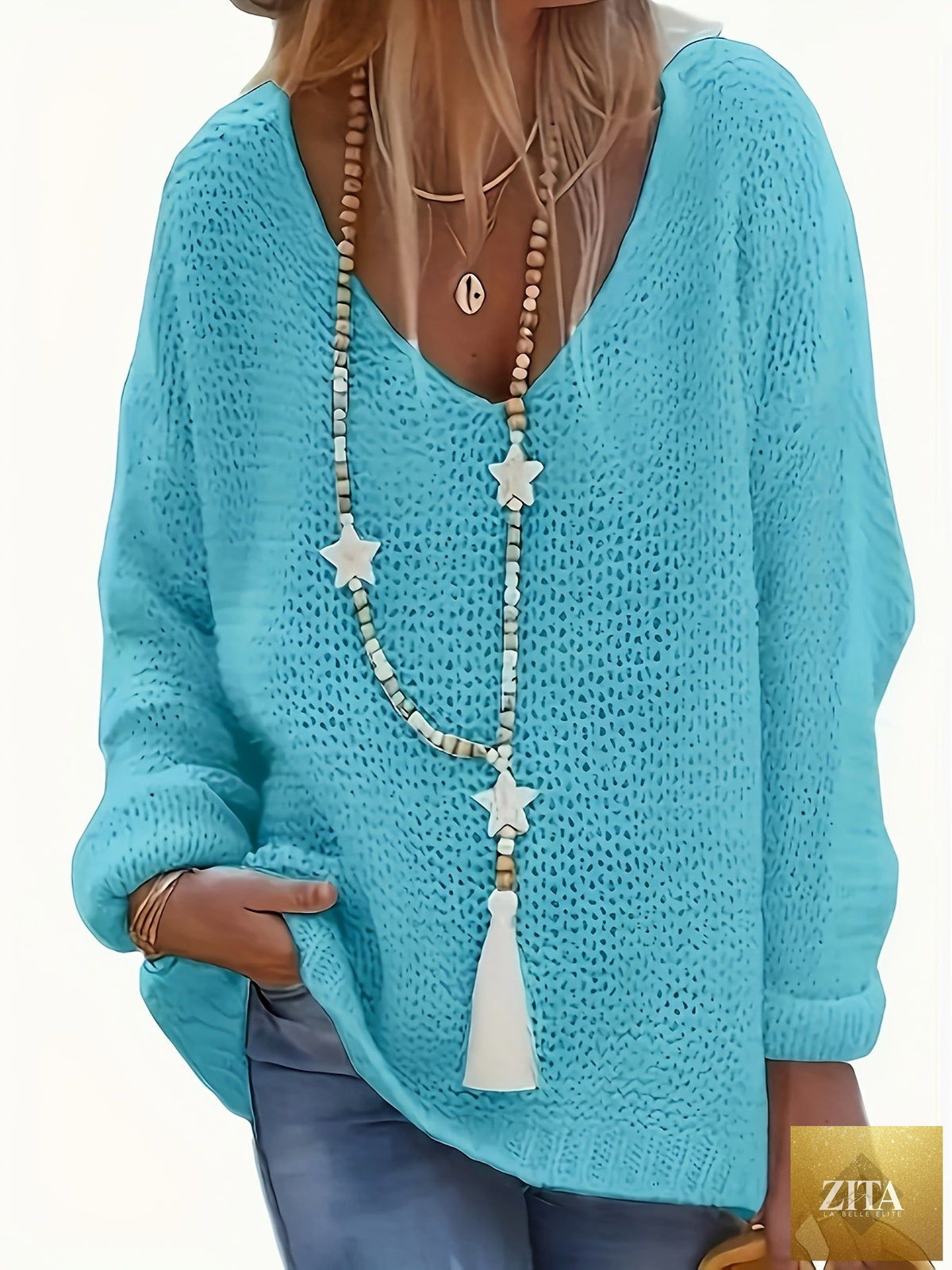 Women’s cozy V-neck long sleeve casual sweater from Trendy Attic Store01, featuring soft knit fabric and relaxed fit.