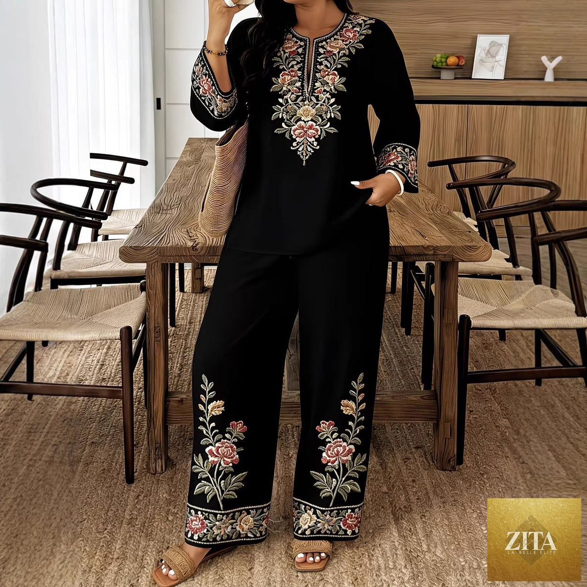 Women’s ethnic casualwear two-piece set with long sleeve shirt and cropped pants by Zita La Belle Elite, displayed on a model.