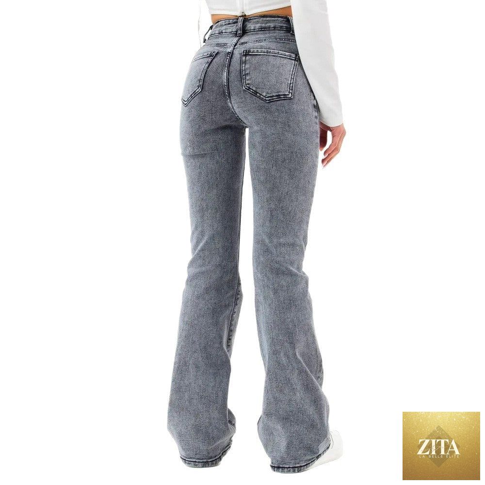 Women’s denim flared pants for autumn, stylish blue jeans with a fitted waist and flared legs, casual fall fashion by My Store