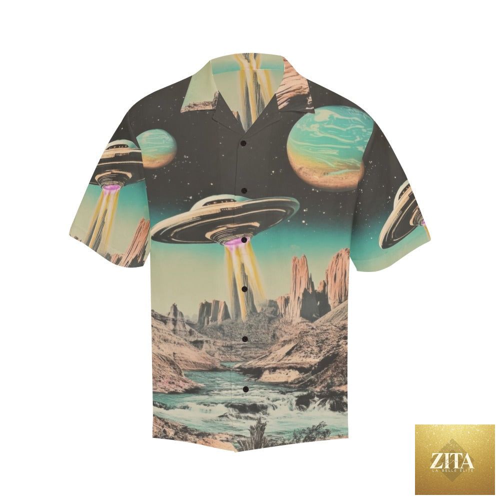 Retro Pop Western Space Cowboy Camp Shirt by Baha Ranch Western Wear featuring vintage-inspired western design and colorful space-themed print.