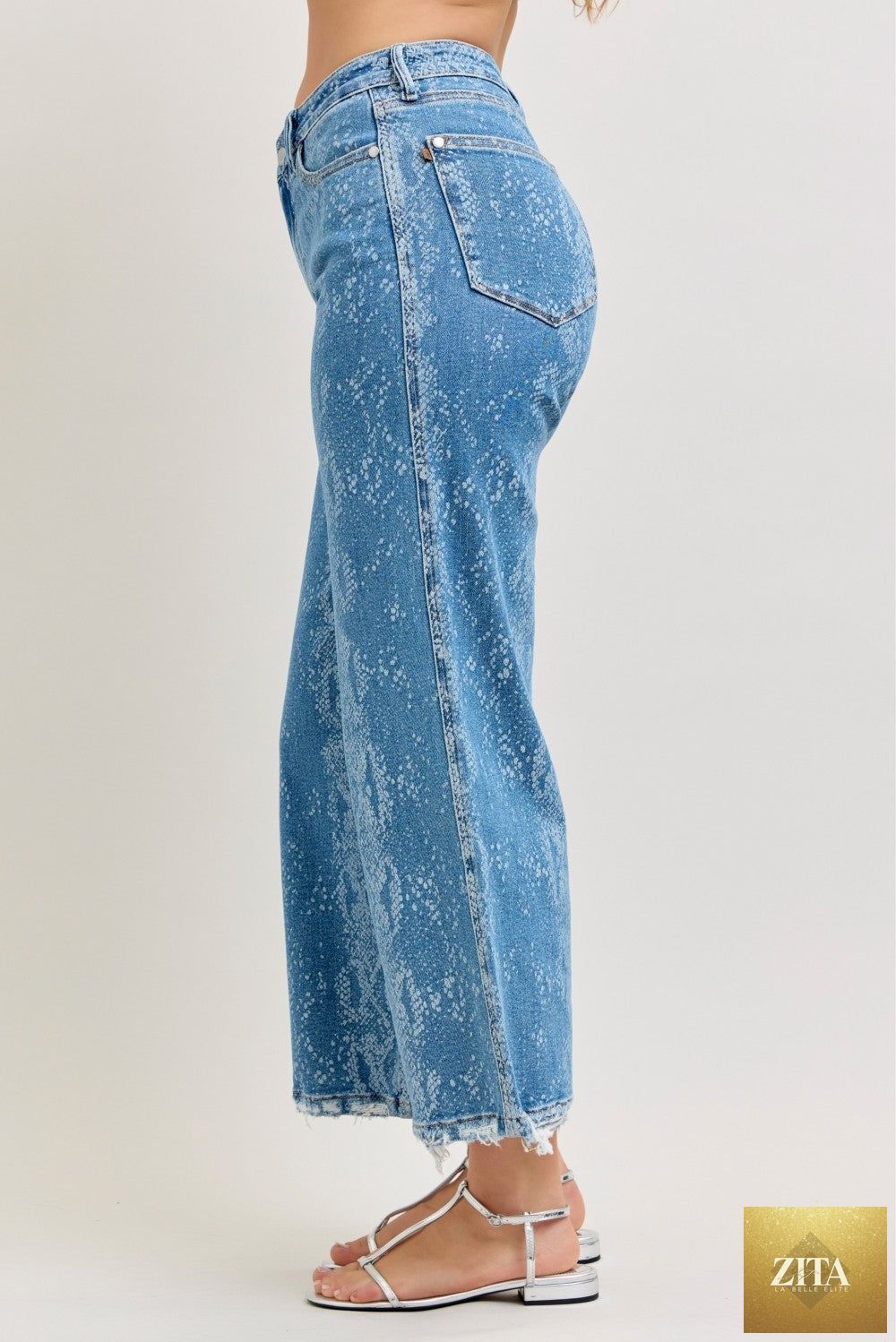 Wild and Free Boutique Judy Blue high-rise ankle wide-leg jeans, showcasing the denim fit and stylish design of these trendy bottoms.