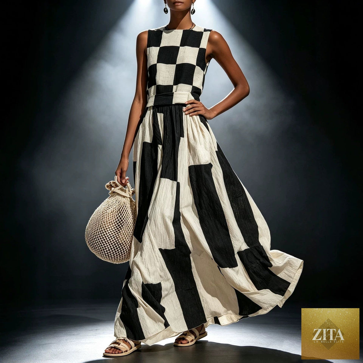 Round neck sleeveless loose maxi dress by FitiqueFit, flowing and comfortable for casual or summer wear.