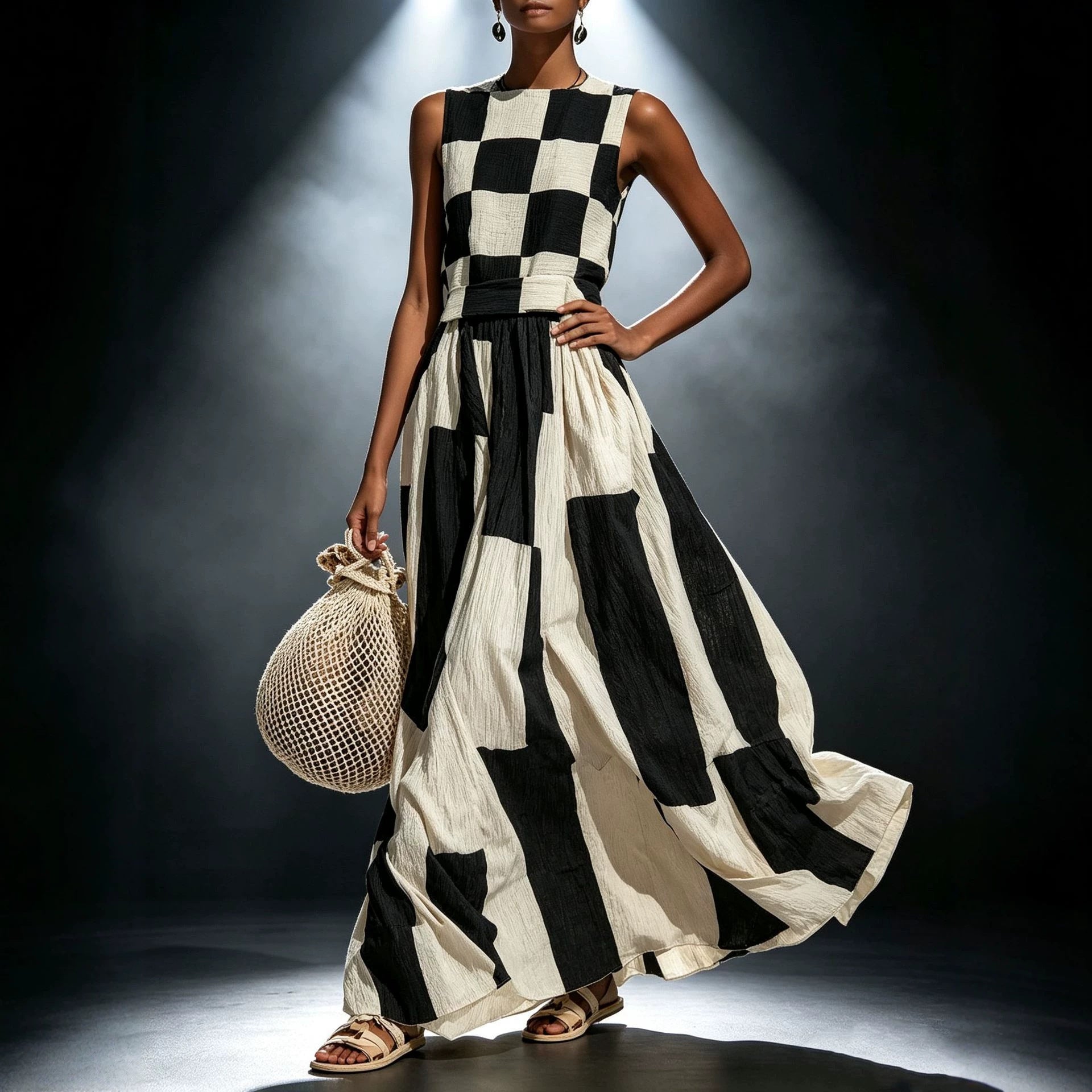 FitiqueFit round neck sleeveless loose maxi dress displayed on a hanger, featuring a flowy fabric and casual style.