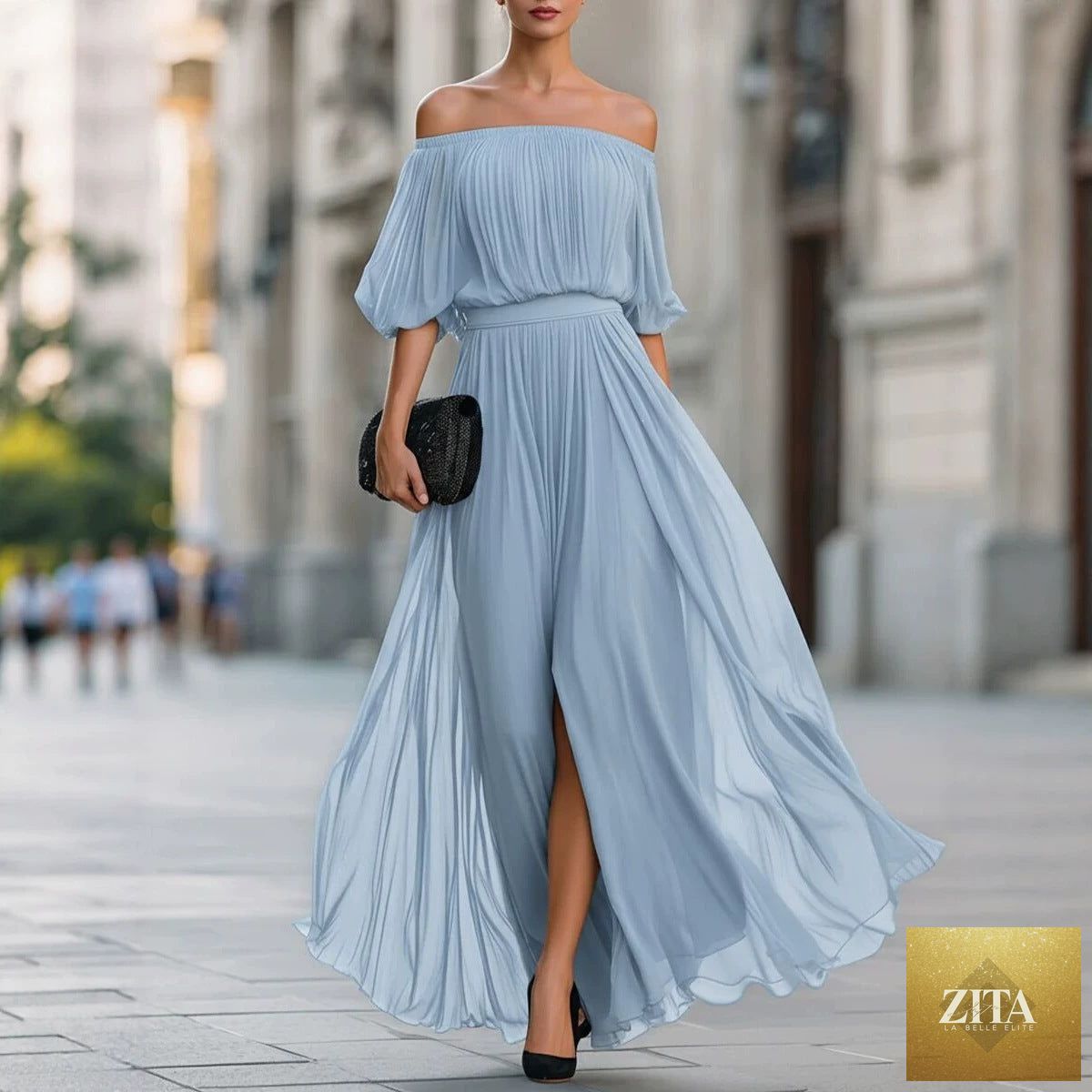 Women's one-shoulder chiffon maxi dress with ruffle sleeve, high waist, side split, in three colors by FitiqueFit.