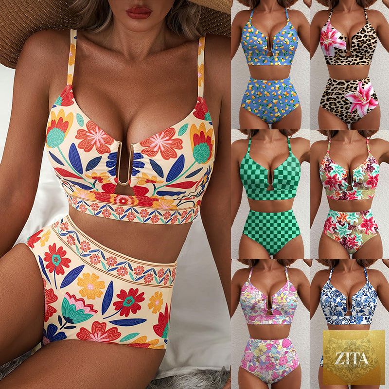 Women's floral print high-waist U-wire bikini set by FitiqueFit, featuring a stylish swimwear design with vibrant floral patterns.