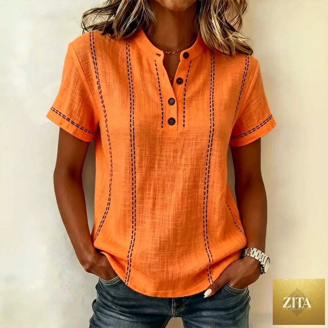 Summer striped short-sleeve shirt with stand collar and V-neck, casual women's button blouse in a stylish design.