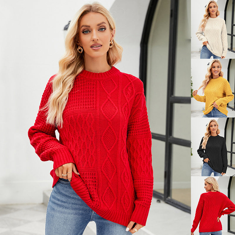 Casual Round-neck Pullover Sweater Fall Winter Solid Color Cable-knot Crimson Medea