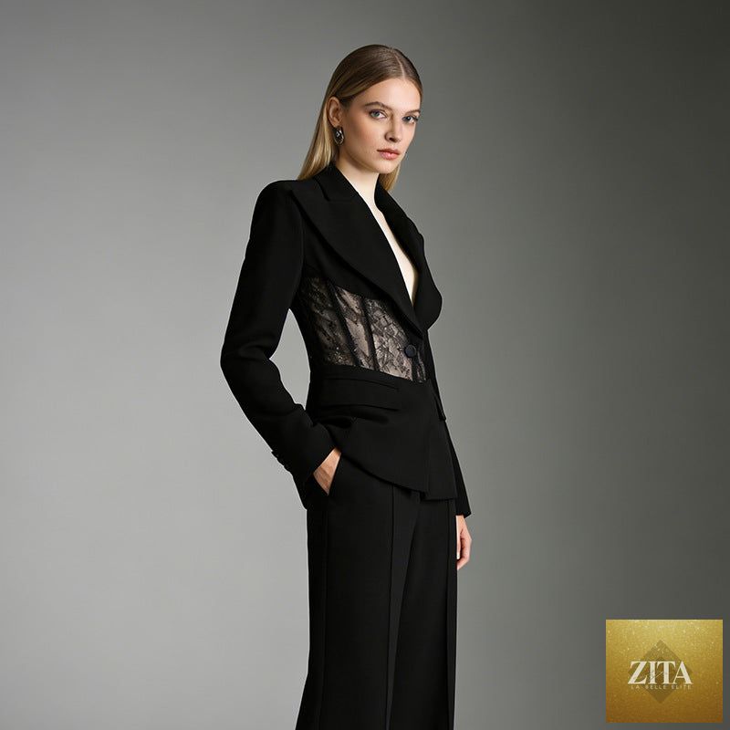 Lace boning waist-cinching blazer for women, tailored fit with lace details, black fabric, and structured design.