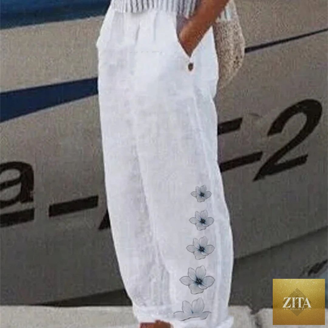 Women's high-waisted cotton-linen breathable casual pants, stylish and comfortable for everyday wear, shown in beige with pockets.
