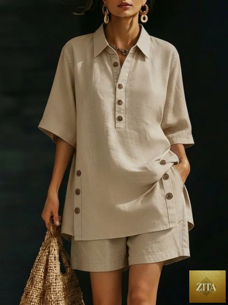 Zita La Belle Elite casualwear two-piece set with short-sleeve shirt and loose pants in four colors, available from S to 5XL.
