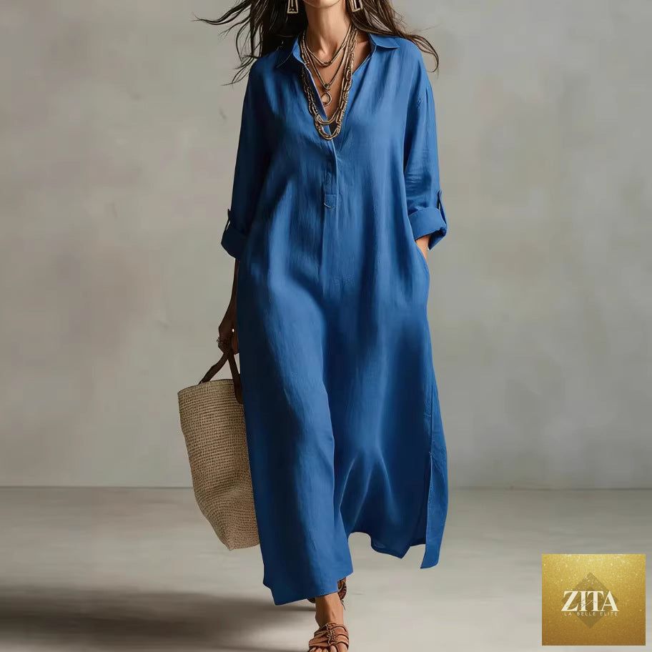 Women's casual linen shirt dress by Zita La Belle Elite with long sleeves and relaxed fit, featuring a lightweight, breezy fabric.