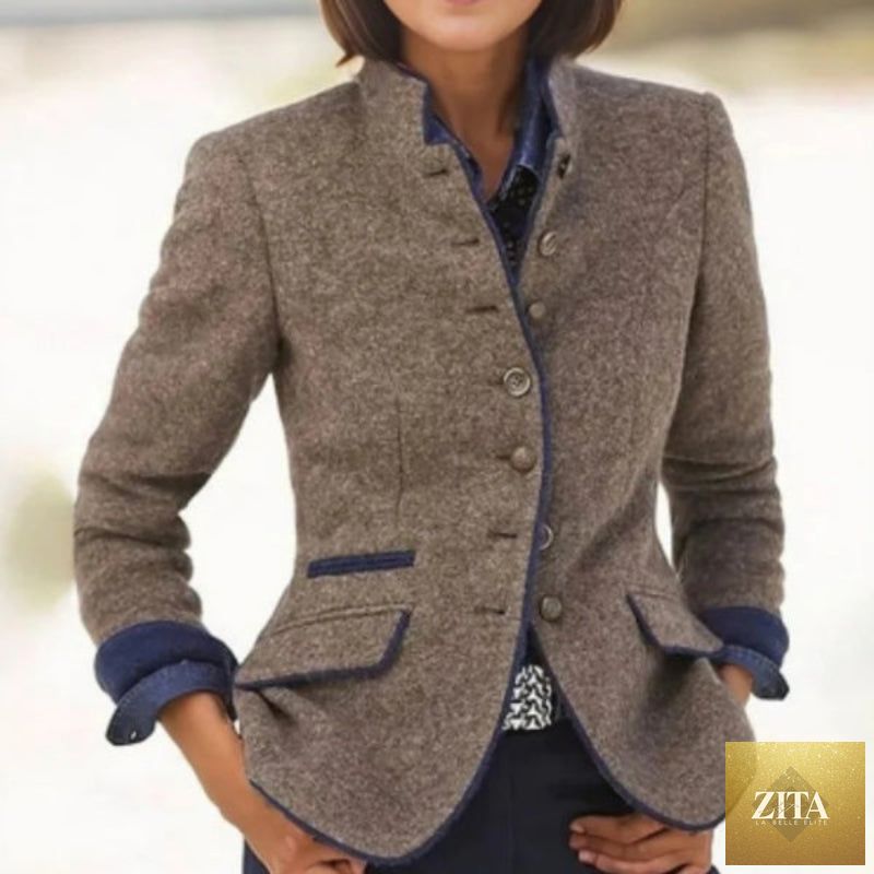Women’s color-block woolen coat by FitiqueFit featuring multi-button closure, casual elegant style, and vibrant color panels.