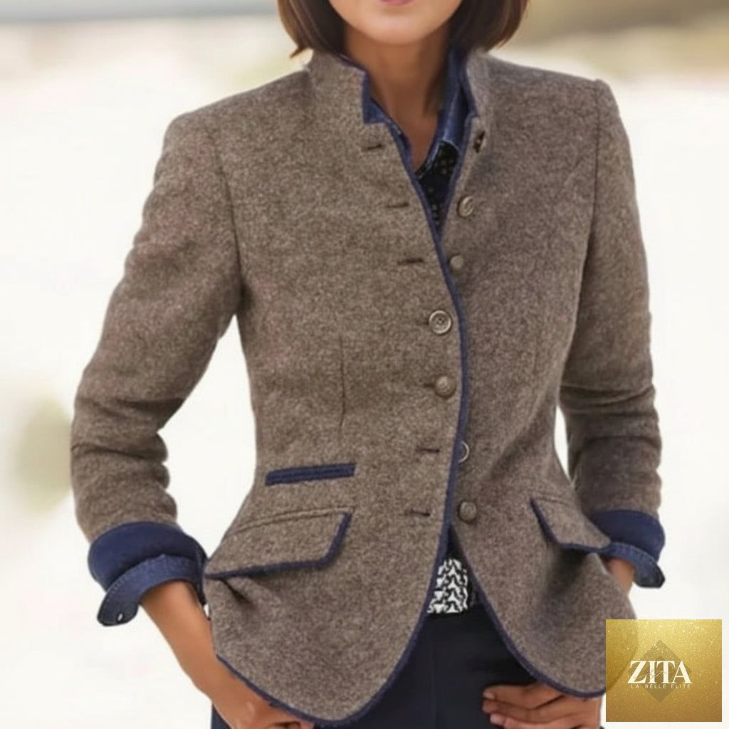 Women’s color-block woolen jacket by FitiqueFit featuring multi-button closure and a casual yet elegant coat style.