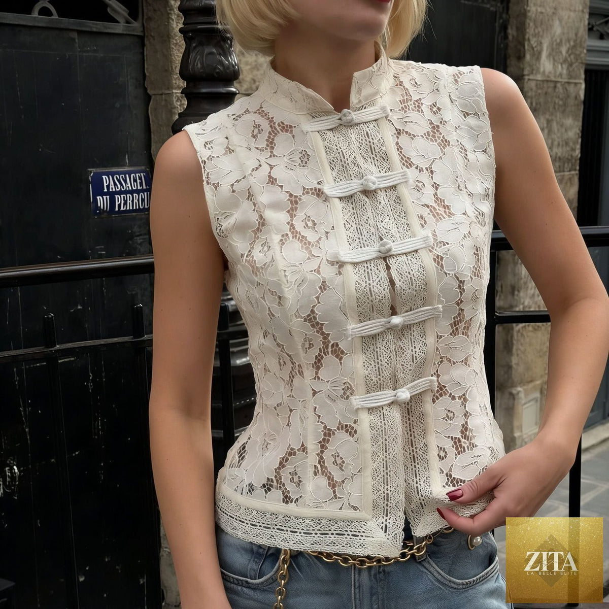 Zita La Belle Elite lace crochet sleeveless top with stand collar in three colors, slim fit, casual wear, size S to L.
