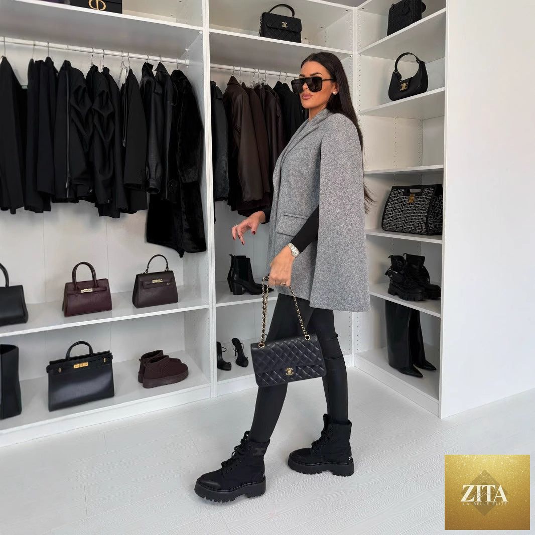 Women’s solid color shawl coat by FitiqueFit, loose wrap outerwear with a relaxed fit and stylish design, displayed on a hanger.