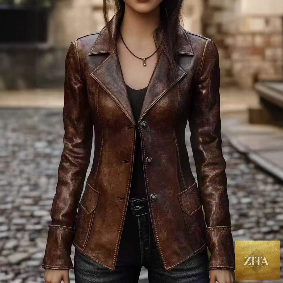 Women's FitiqueFit retro slim-fit faux leather biker jacket in mid-length, showcasing classic biker style and sleek design.