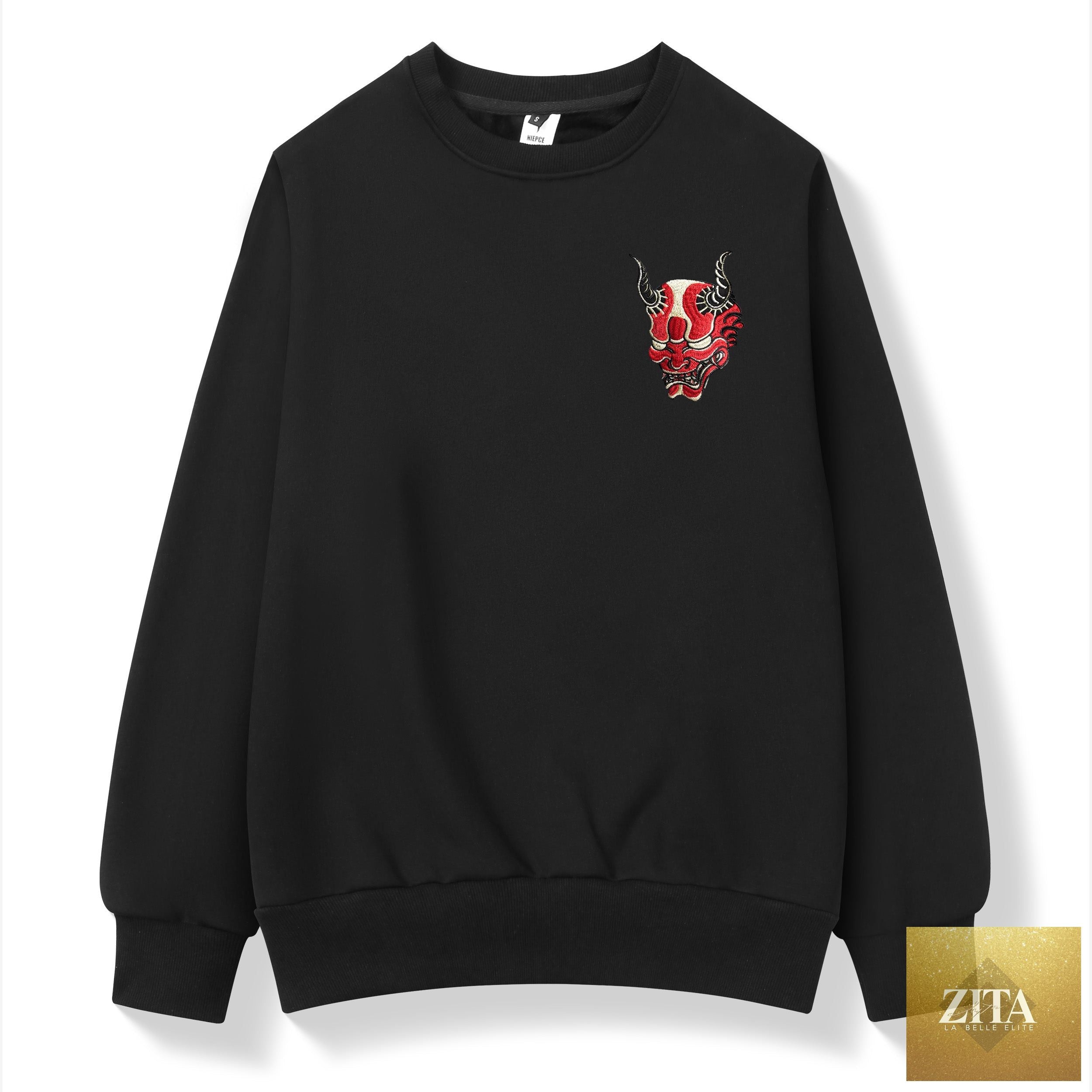 Red Demon embroidered sweater from Niepce, featuring detailed demon design on a stylish sweatshirt, perfect for casual wear.