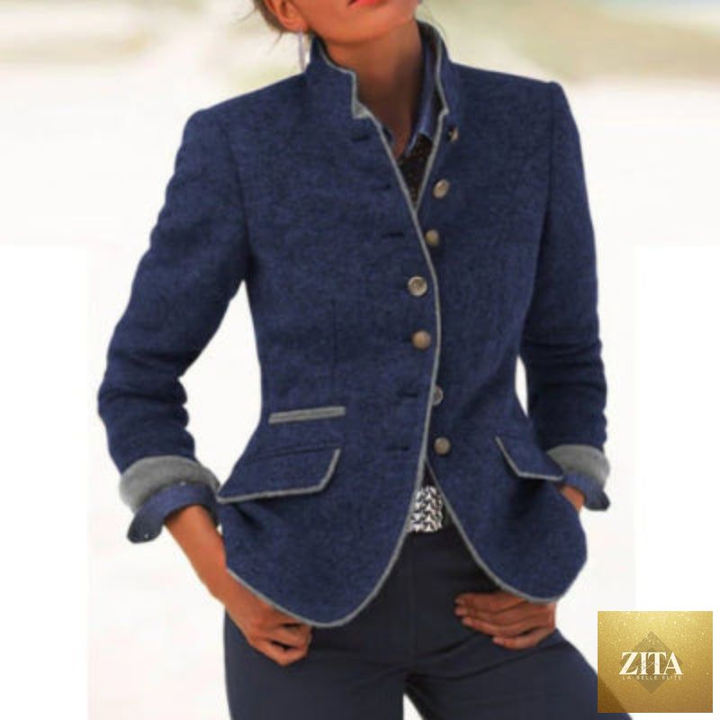Women's color-block woolen coat with multiple buttons, casual and elegant fitiqueFit jacket, stylish winter outerwear.
