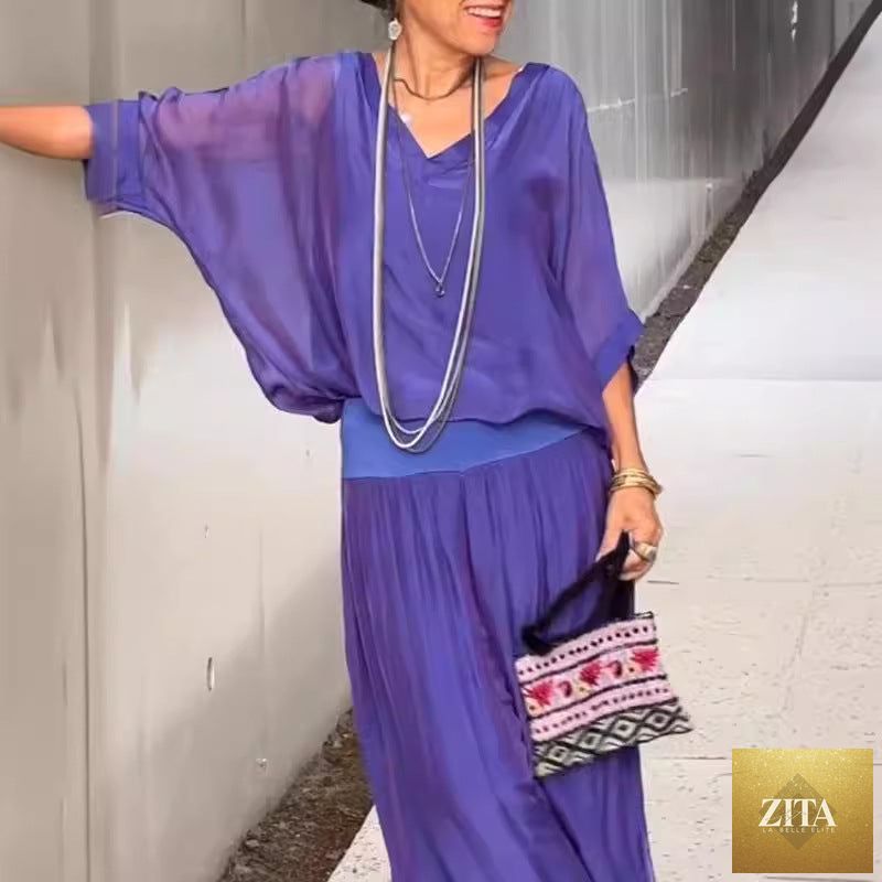 Zita La Belle Elite solid-color chiffon two-piece casualwear set in various colors, featuring a relaxed fit and stylish design.