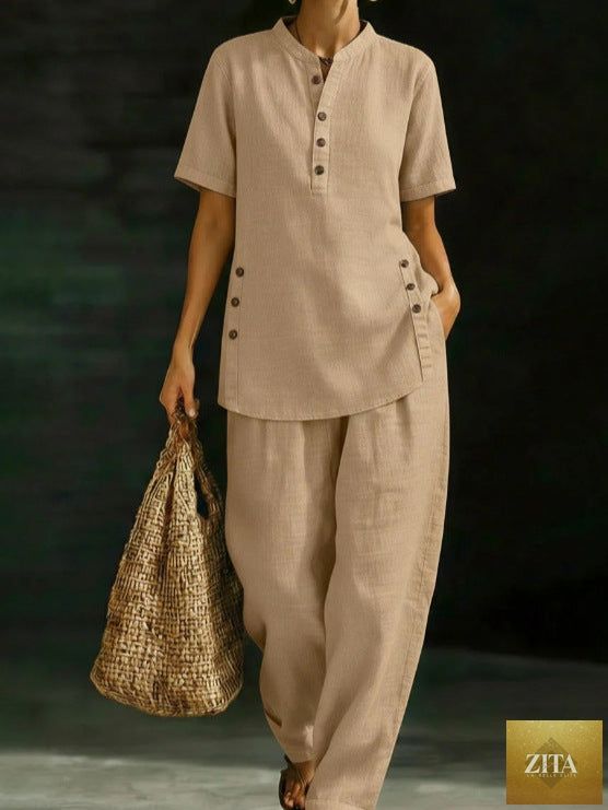 Zita La Belle Elite two-piece set with three-quarter sleeve shirt and wide-leg pants in solid color, casual style.