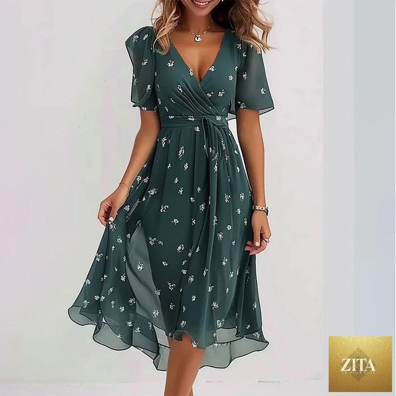 Floral print FitiqueFit A-line dress with V-neck and short sleeves, midi length, perfect for casual or summer wear.