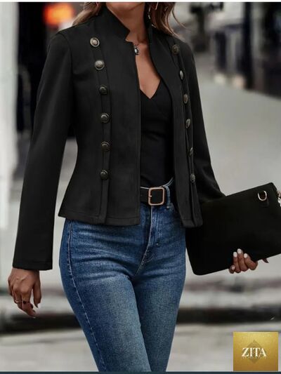 Zita La Belle Elite women's decorative button open front long sleeve jacket, elegant casual outerwear with a stylish design.