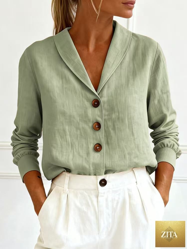 Women's cotton-linen Peter Pan collar button-up shirt by Zita La Belle Elite, available in 6 colors, shown in a stylish top image.