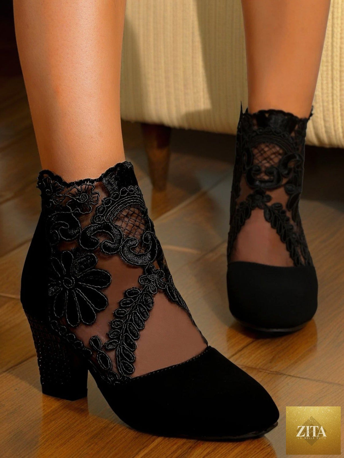 Women’s lace-embroidered mesh chunky-heel ankle boots by Zita La Belle Elite, featuring intricate lace details and stylish ankle-high design.