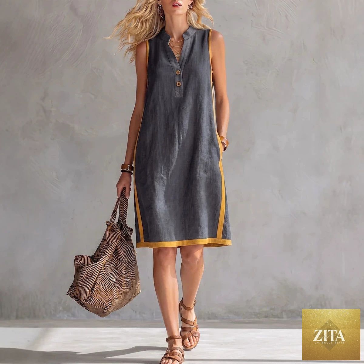 Women's sleeveless V-neck button-front A-line midi dress with pockets by FitiqueFit, perfect for casualwear and summer outings.