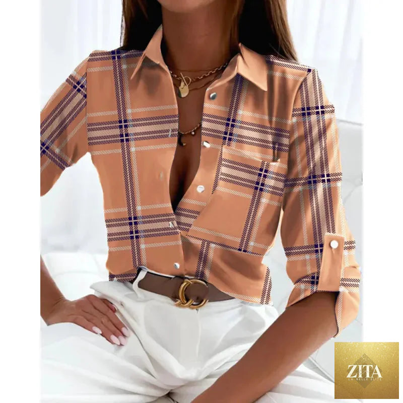 Women’s printed long-sleeve lapel shirt by FitiqueFit, casual elegant blouse with floral print and button-up front, worn styled casually.