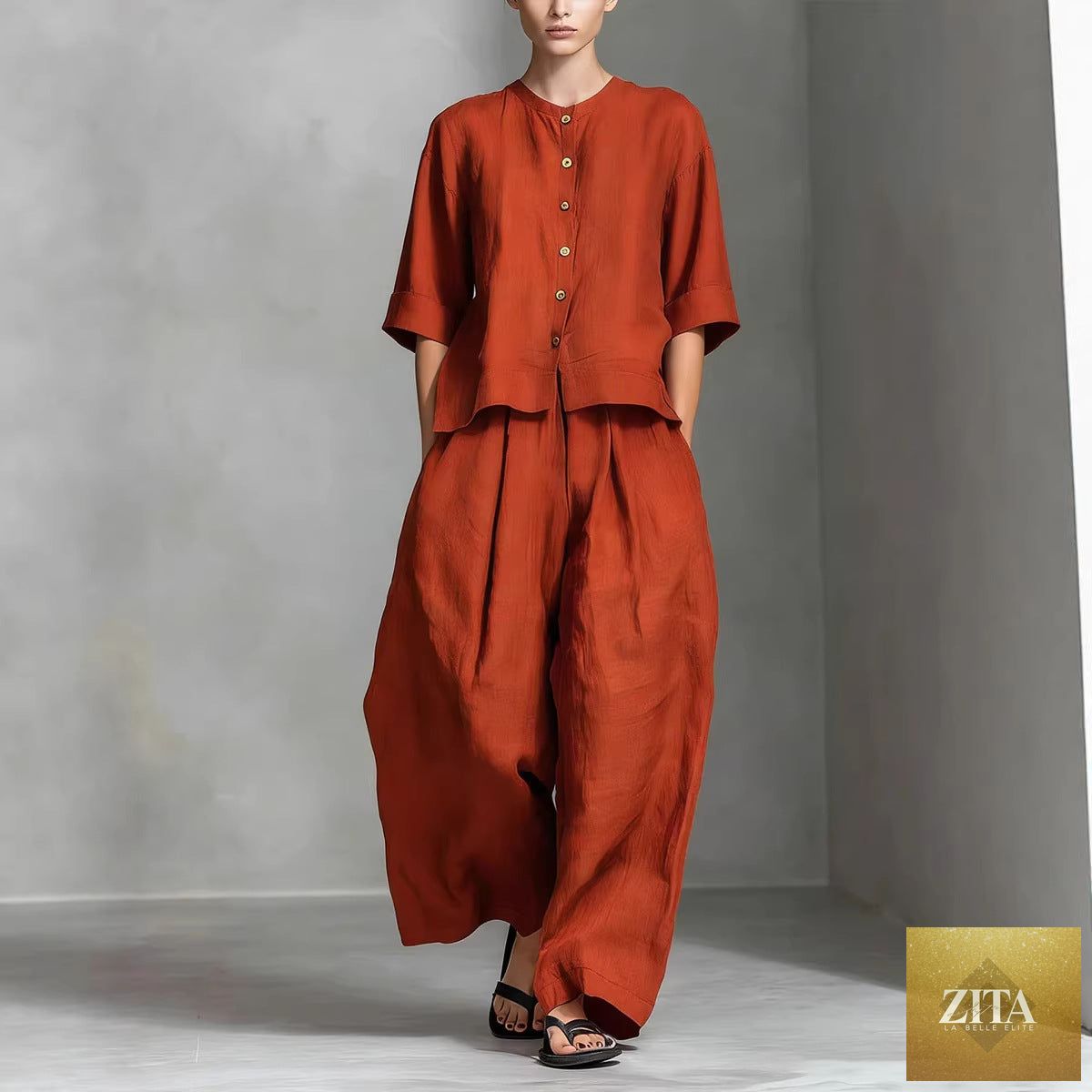 FitiqueFit three-quarter sleeve shirt and loose trousers two-piece set, casual stylish outfit with relaxed fit and comfortable fabric.