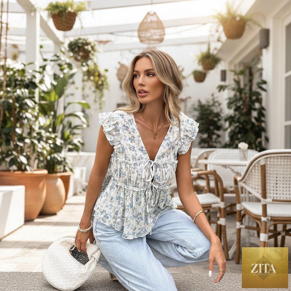 Blue chiffon A-line skirt and sleeveless top set from Zita La Belle Elite, casualwear outfit displayed on a model.