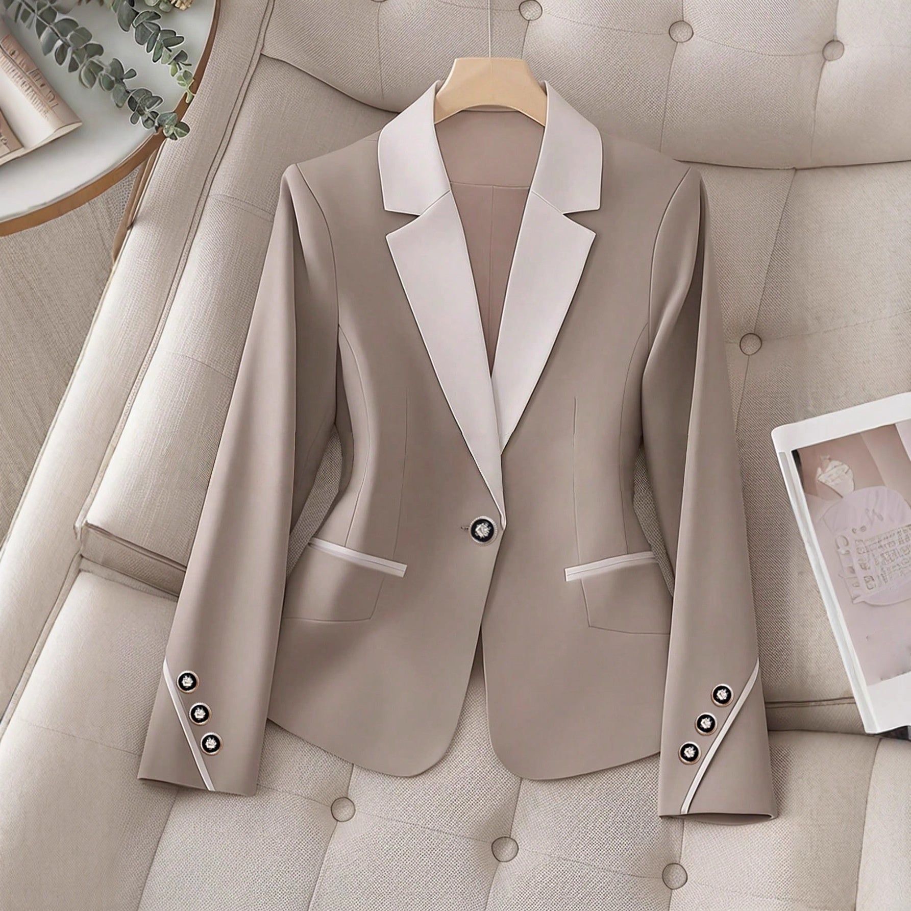Women’s contrasting color blazer by FitiqueFit, elegant formal jacket with buttons, tailored coat for professional and stylish look.
