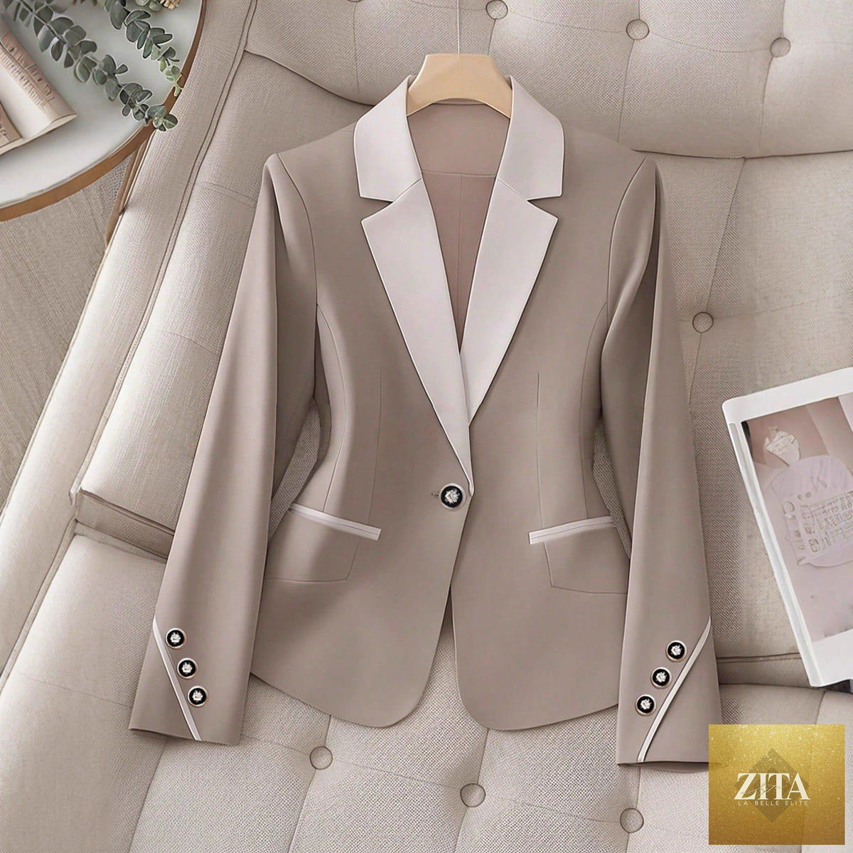 Women’s contrasting color blazer by FitiqueFit, elegant formal jacket with buttons, tailored coat for professional and stylish look.