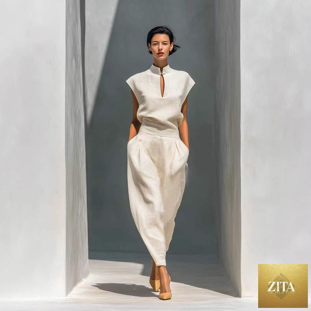 Zita La Belle Elite women's Chinese-style satin short-sleeve top and pants set, casualwear with elegant design and smooth fabric.
