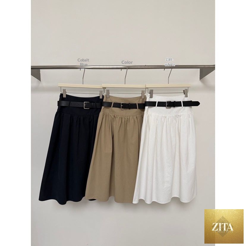 Zita La Belle Elite relaxed A-line crushed pleat cotton midi skirt with belt, casualwear, beige color, front view