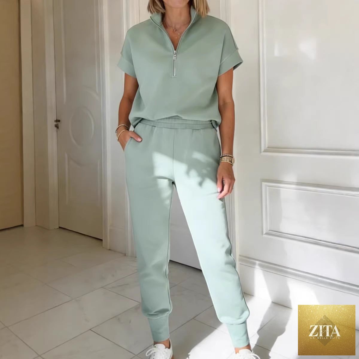 Zita La Belle Elite athleisure knit 3/4 sleeve t-shirt and pants set in three colors, casualwear for women, size S to 3XL