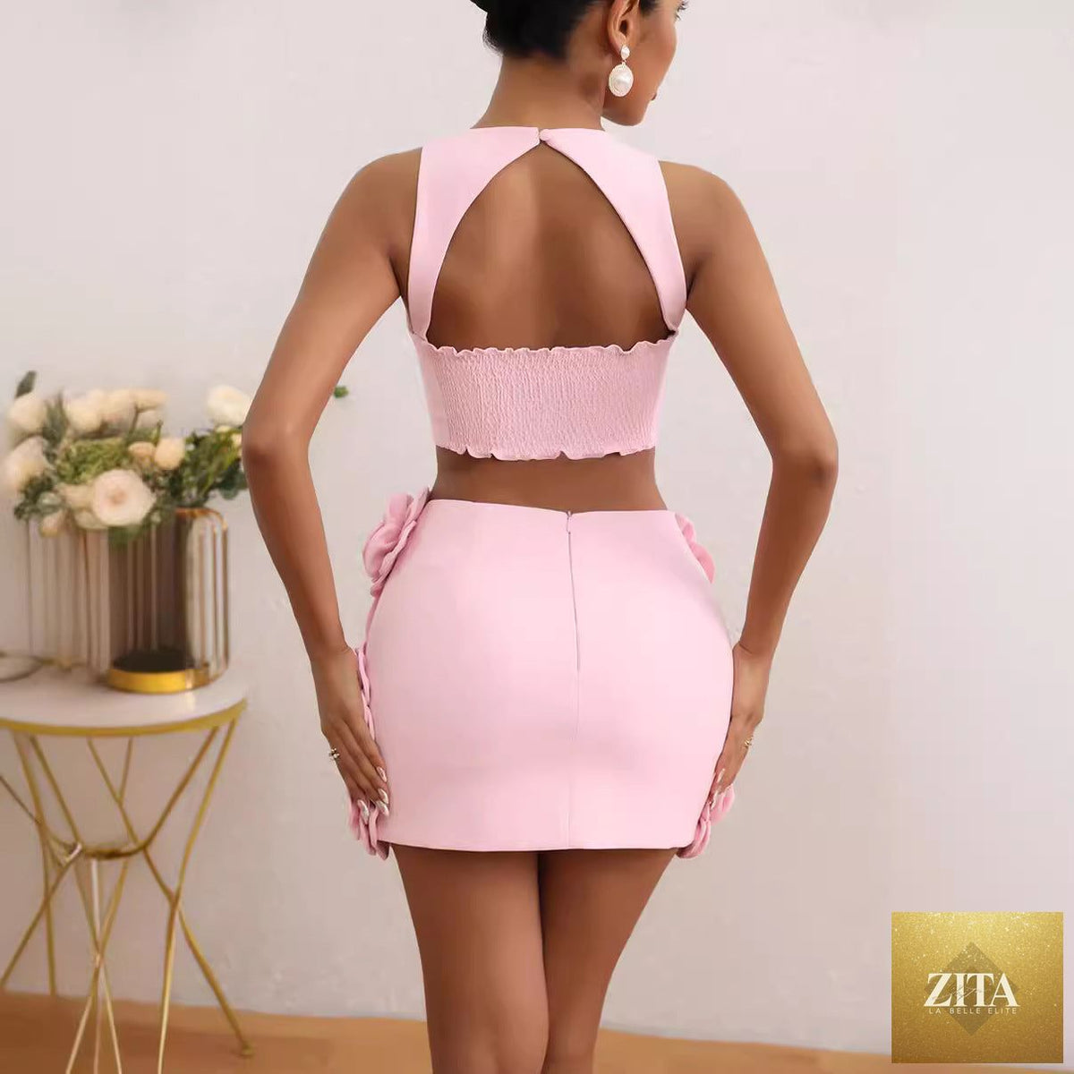 Zita La Belle Elite fashion dress with halter top, decorative flower skirt, suitable for stylish occasions, shown from the front.